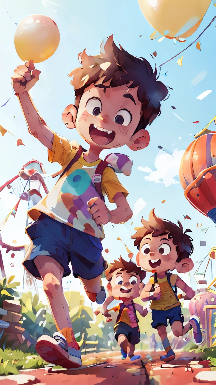 (SFW), two running boys, amusement park, holding balloons, happy, happy, perfect quality, clear focus, colorful, perfect face, intricate details, ultra-low viewing angle, wide angle lens --v 6