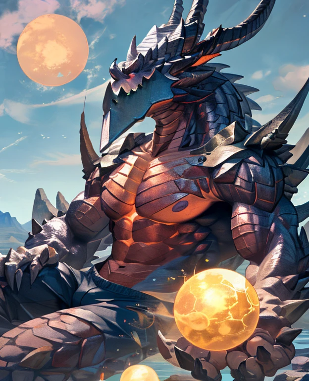 dragon,alone,paw,teeth,crawler,chest muscles, peak, teeth 成人,alone,dragon尾巴,sit down,meditate,practice,exercise,4K,best quality,HD,whole body,paw,topless,looking at the audience,chest muscles, pink nipples, Six-pack abs,biceps,anatomically correct,,pride,soft shadow,majestic,Detailed face,HD的眼睛,sharp vision,Red eyes,eyes sparkling,magnificent,brave,,confident smile,Strong,Mature,shorts,wilderness,ruins,river,Blue sky and white clouds,The sun shines