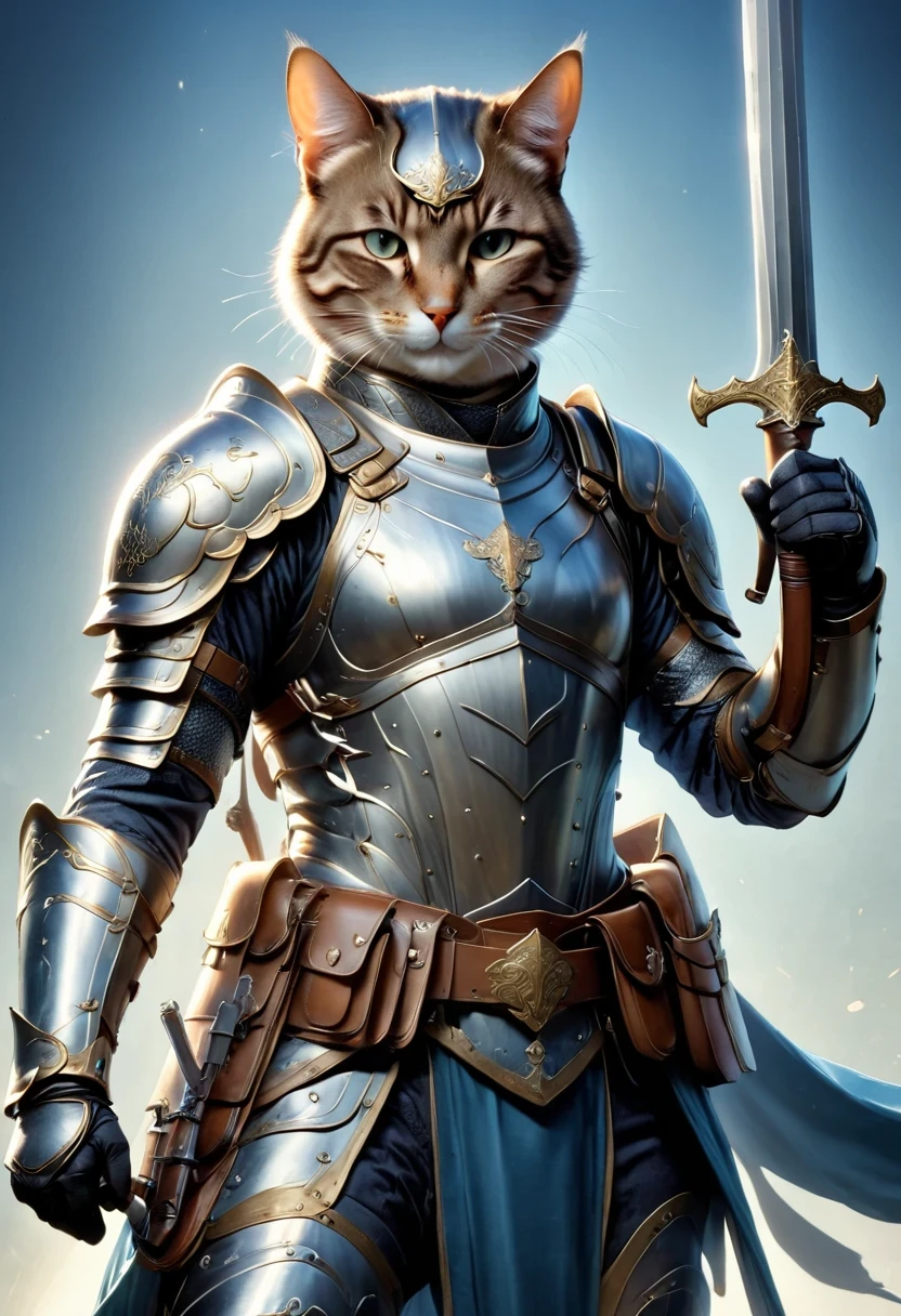 Anthropomorphic Cat,A cat knight in armor,holding a weapon,wearing a helmet