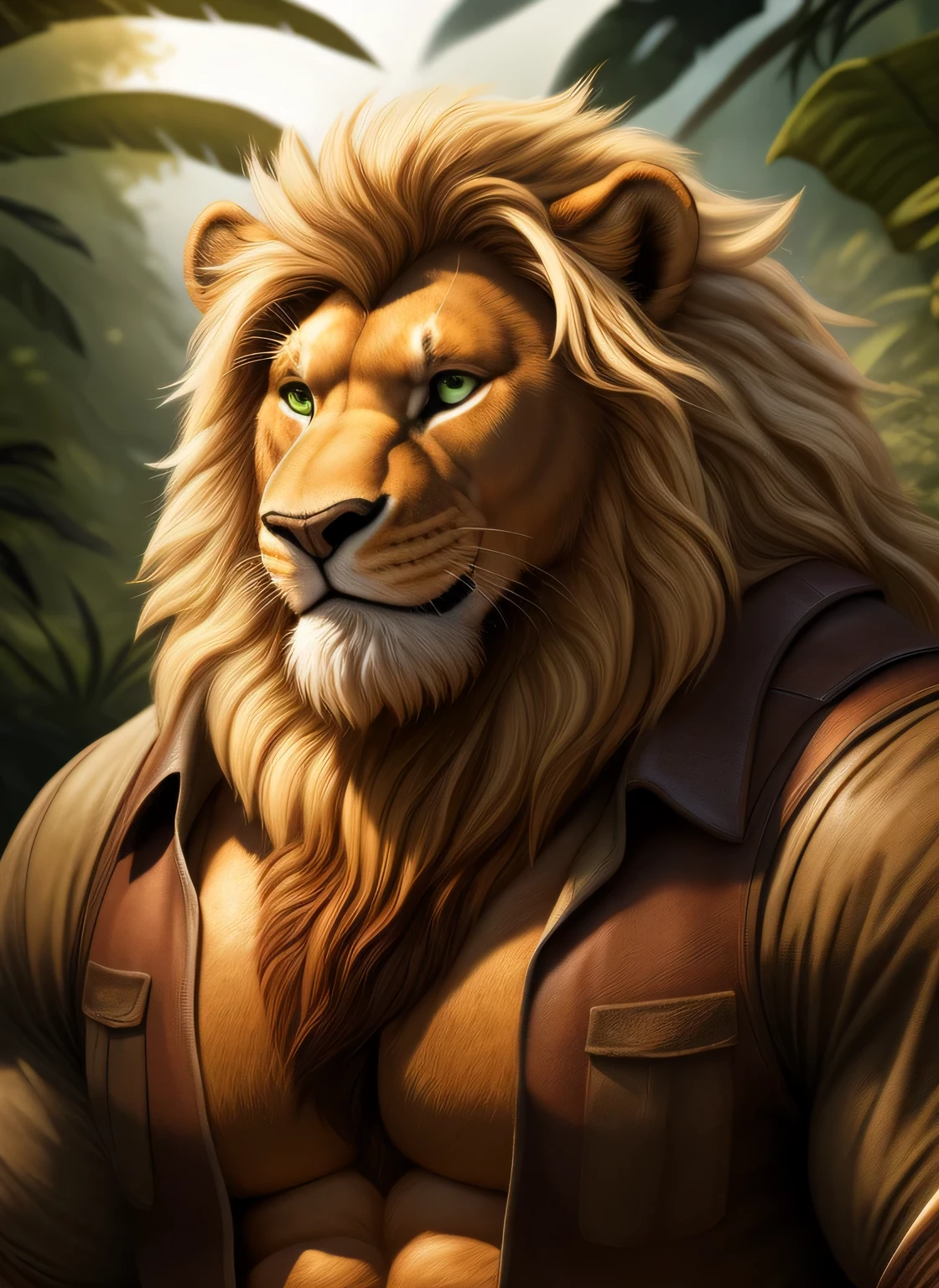 Lion, male, long blond mane, brown beard all over the jaw, muscular body, large pectorals, biceps, green eyes, adventurer, tight-fitting adventurer clothes, open shirt, smiling face, jungle, illustration, ultra-detailed, realistic, vivid colors, bokeh, portraiture, warm and earthy tones, dramatic lighting.