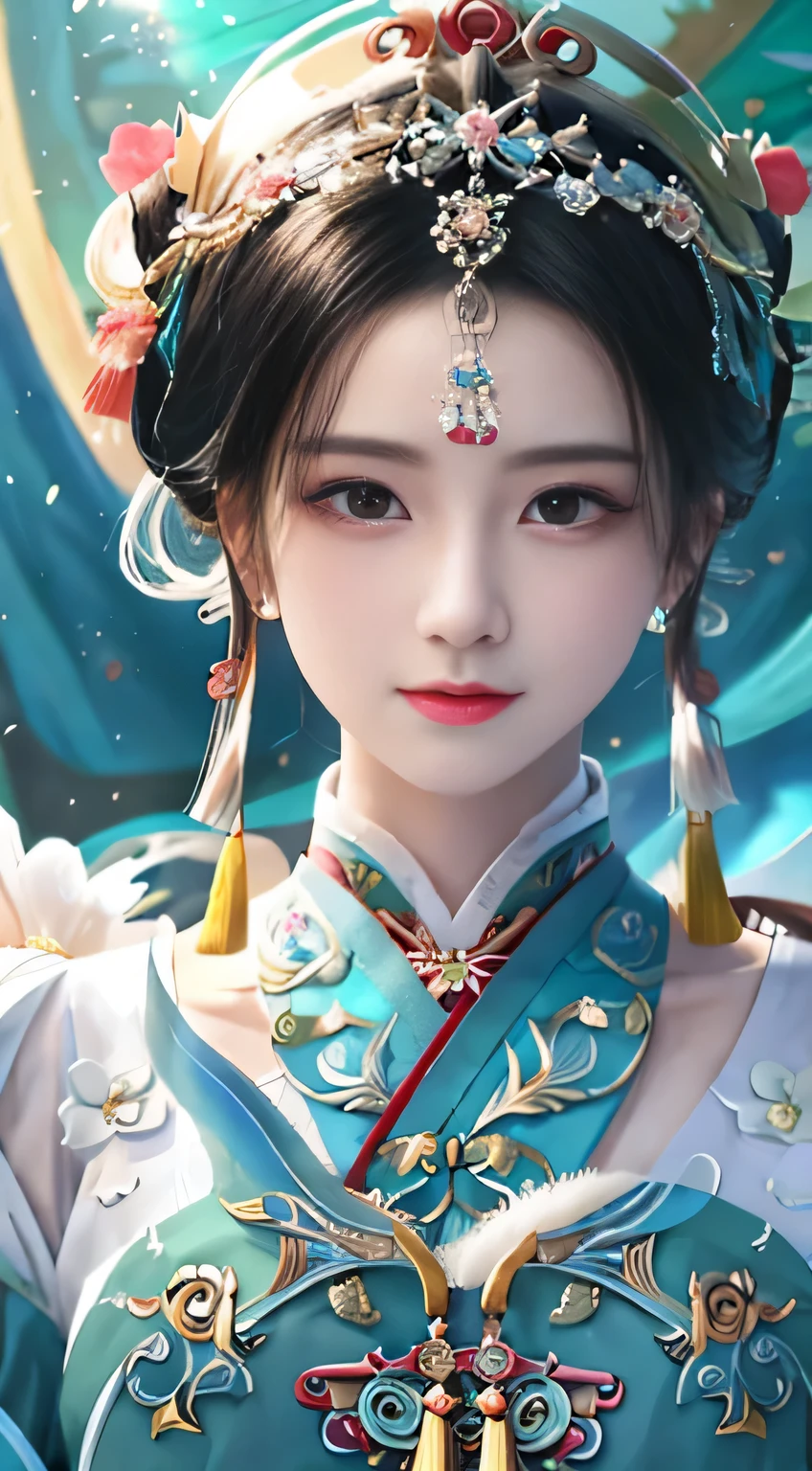 a close up of a woman wearing a blue and gold dress, palace , A girl wearing Hanfu, beautiful fantasy queen, Gurwitz-style artwork, Inspired by Lan Ying, inspired by Fenghua Zhong, chinese princess, beautiful figure painting, Inspired by Puhua, Inspired by Qiu Ying, Gurwitz, Inspired by Wu Bin,32K