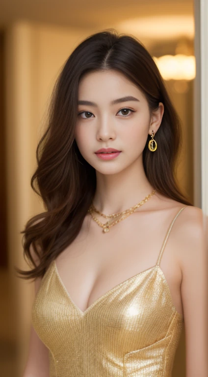 ((realistic light、top quality、8K、​Masterpiece:1.3))、1 girl in、There is a small mole under the eye、a smile、There is a small mole on the chest、Beautiful woman with slim figure:1.4、Pale complexion、(#1: Flowy Wavy Brown Hair、small tits:1)、(The chest has a small cleavage)、sleeveless long dress:1.2、 standing、Luxury hotel lobby、gold necklace、a bracelet、earrings、Super detailed face、delicate eyes、double eyelids、、 are small、slime、A slender one、Model body shape、21 year old Japanese female、Brown medium hair