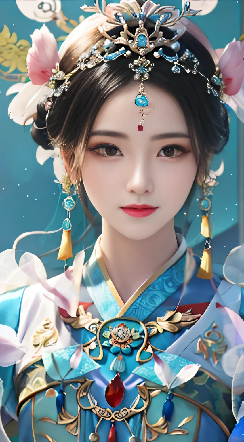 a close up of a woman wearing a blue and gold dress, palace , A girl wearing Hanfu, beautiful fantasy queen, Gurwitz-style artwork, Inspired by Lan Ying, inspired by Fenghua Zhong, chinese princess, beautiful figure painting, Inspired by Puhua, Inspired by Qiu Ying, Gurwitz, Inspired by Wu Bin,32K