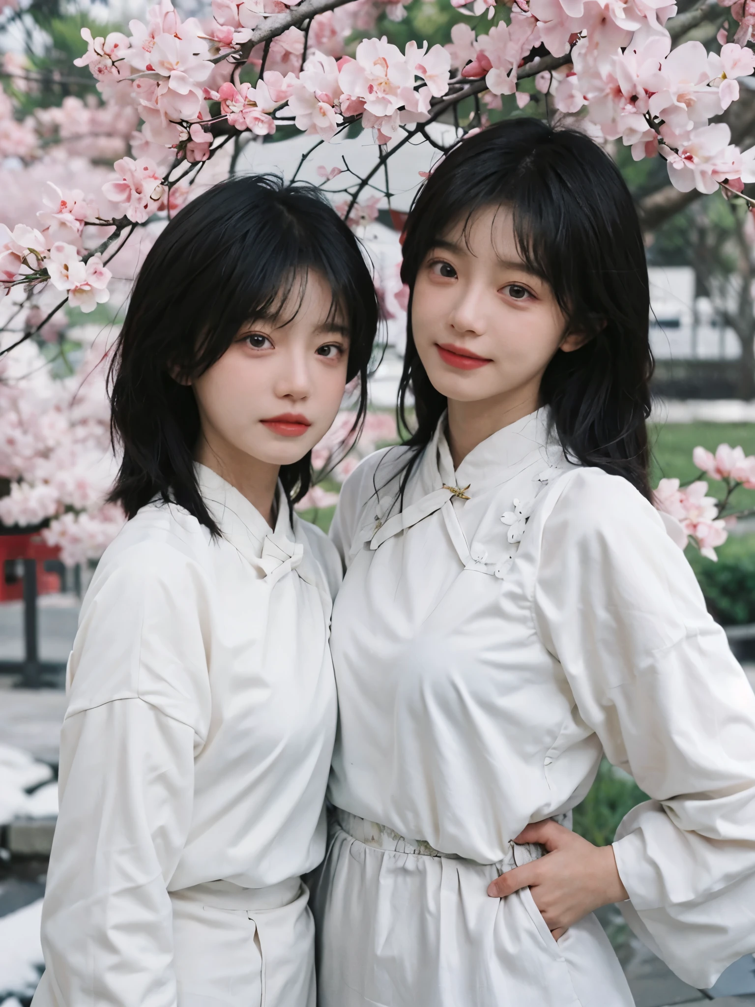 best quality, ultra high resolution, White background,(realistically:1.4), 2 girls, white cheongsam,twin? Sakura Rain,Under the cherry blossom tree,A pair of eyes as clear as snow,Royal sister,looking at the audience, close up ,