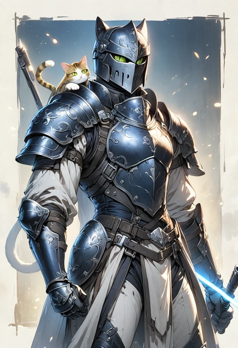 (Anthropomorphic Cat:1.5)，A cat knight in armor，holding a weapon，wearing a helmet，slim，lightsaber，middle Ages
