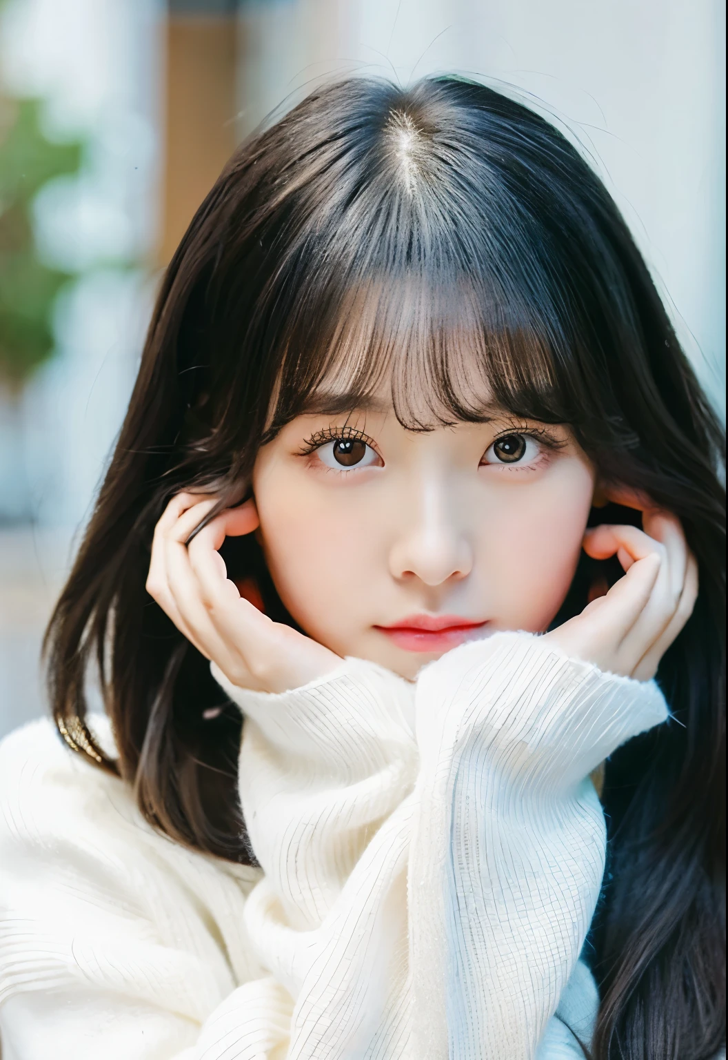 there is a woman with long hair and a white sweater, ulzzang, she has black hair with bangs, blunt bangs fall on her forehead, cute round slanted eyes, fluffy bangs, straight bangs, with full bangs, neat hair with bangs, with bangs, with long hair and piercing eyes, clear symmetrical eyes, white bangs, full bangs