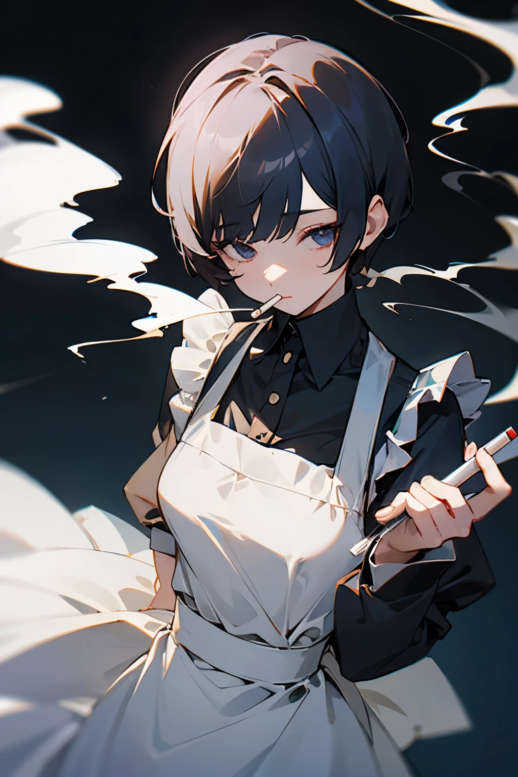 Woman in maid clothes、holding a cigarette、No expression、short cut hair