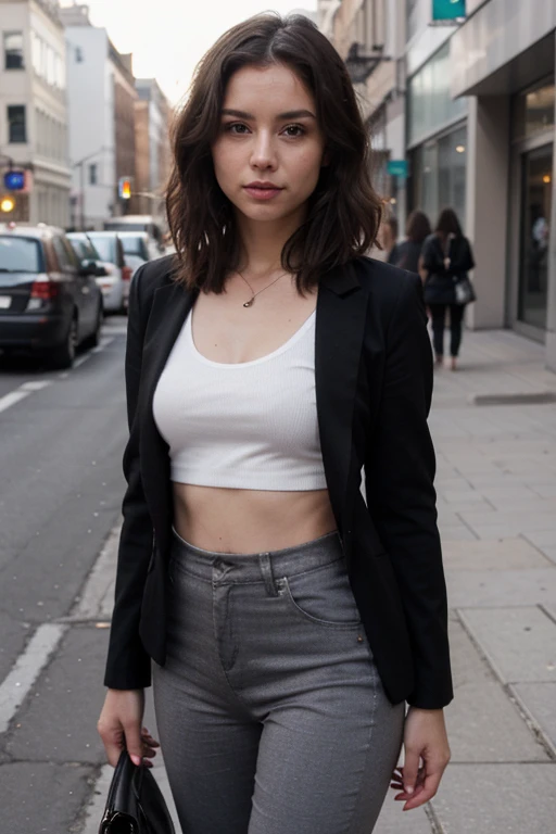 generate a thin woman, 30 years old. With short brown hair, brown skin, with a closed mouth and painted nails. Dressed in a black blazer and Black pants. That's on the street
