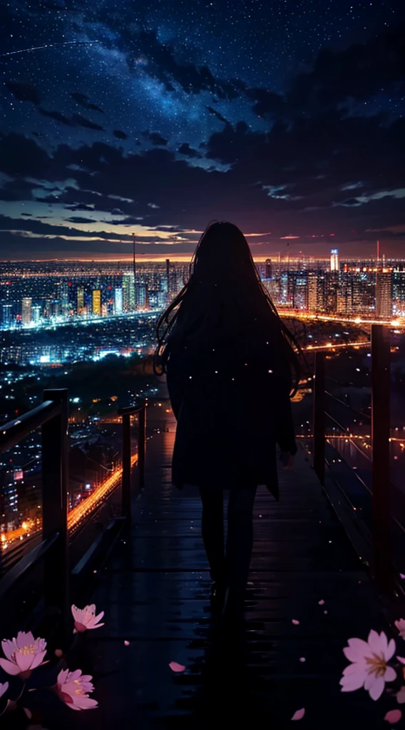 1people々々々々々々々々々,blonde long hair,long coat,silhouette, Rear view,space sky, milky way, anime style, cherry blossoms,夜cherry blossoms,辺り一面に舞うcherry blossoms吹雪,Night view of the city from the mountainside,