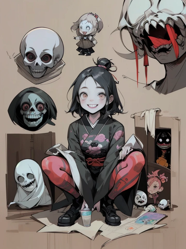 ((Hardcore Punk Girl))、((British punk rock girl)), ((circus)), ((squat with legs apart)), scribble, nightmare, doll-like face, cartoon style, rough sketch, Horror elements, (masterpiece), (High resolution), (super delicate), (clear), Comic book style illustrations, (drawing style), (Horror elements), Japanese painting, full body, ghost, angle, (snap shot), bugaboo, that'terrible, (Spooky), Japanese carving, primitive art, circus, crazy illustration, flat illustration, Blissful smile, Spookyな外観, Distinctive messy hairstyle, creative accessories, Unique atmosphere、(pastel)、