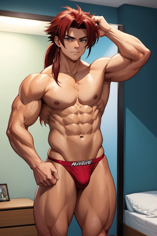 20 year old male bodybuilder anime character wearing red bodybuilder thong with a mullet hairstyle flexing his muscles in a mirror of his room