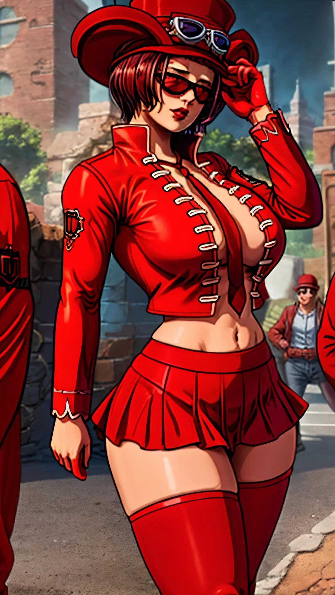 a woman,BeloBetty, sunglasses, hat, red outfit, portrait, medium breasts, thick thighs, small waist, curvy, muscular body, wearing red mini-skirt, highly detailed hair, detailed clothes, high quality artwork, 12k quality, cinematic light, dynamic light