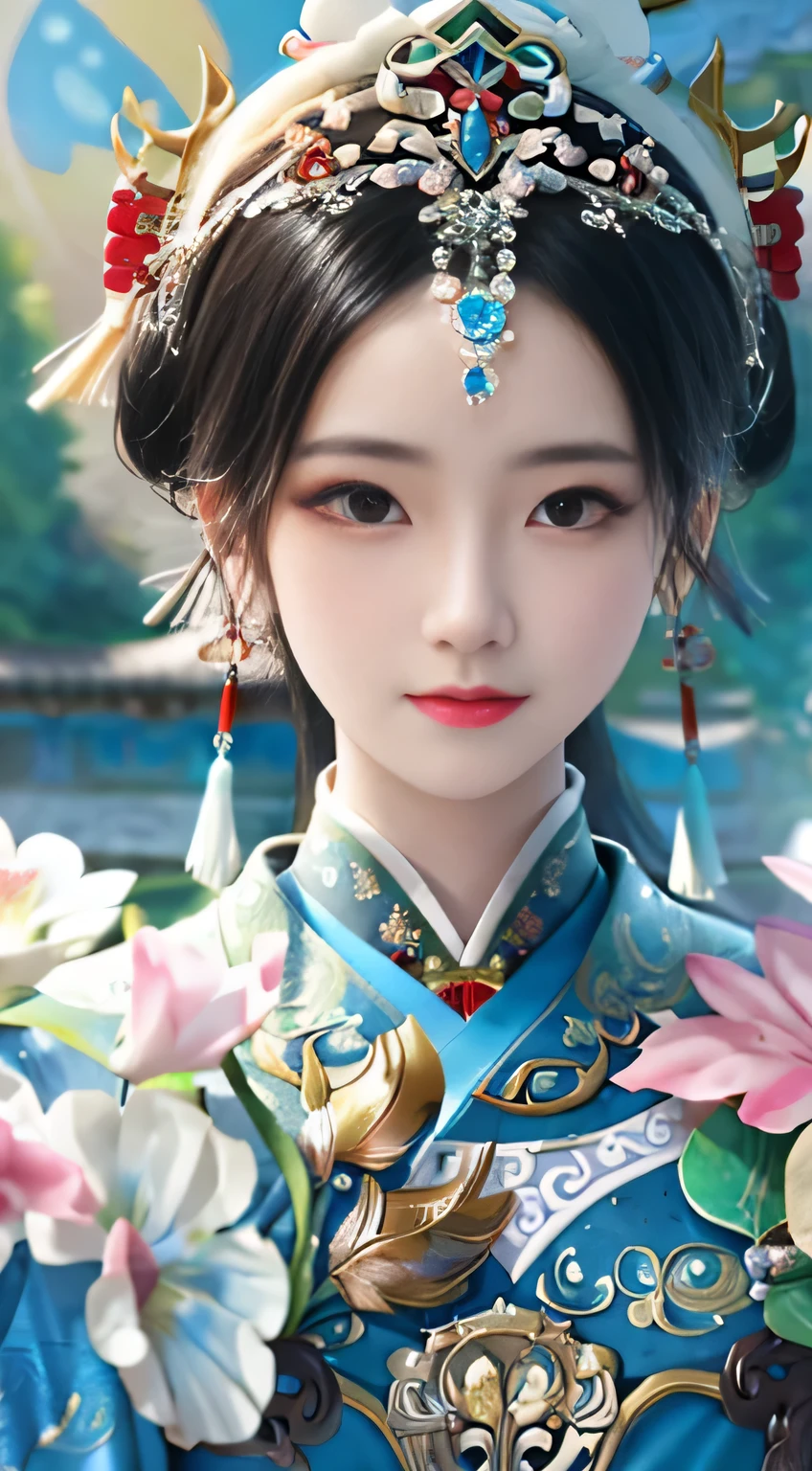 a close up of a woman wearing a blue and gold dress, palace , A girl wearing Hanfu, beautiful fantasy queen, Gurwitz-style artwork, Inspired by Lan Ying, inspired by Fenghua Zhong, chinese princess, beautiful figure painting, Inspired by Puhua, Inspired by Qiu Ying, Gurwitz, Inspired by Wu Bin,32K