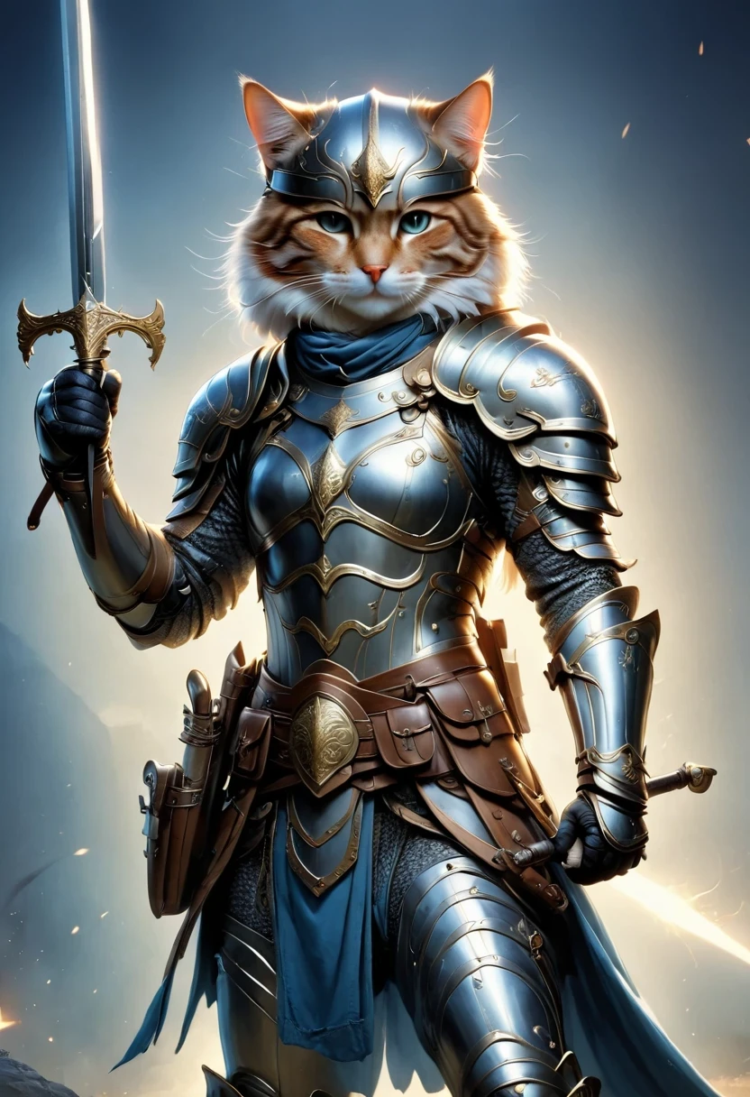 Anthropomorphic Cat,A cat knight in armor,holding a weapon,wearing a helmet