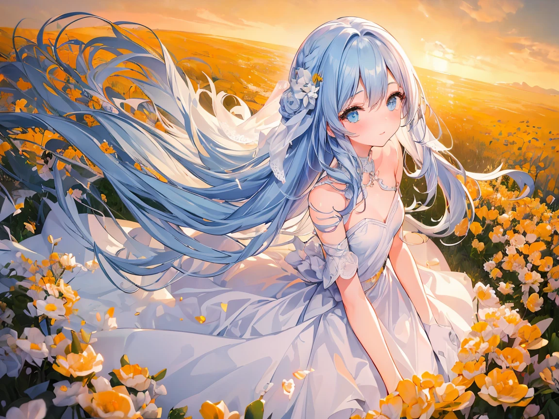 masterpiece, best quality, extremely detailed, (illustration, official art:1.1), 1 girl ,(((( light blue long hair)))), light blue hair, ,, long hair ((blush)) , cute face, big eyes, masterpiece, best quality,(((((a very delicate and beautiful girl))))),Amazing,beautiful detailed eyes,blunt bangs((((little delicate girl)))),tareme(true beautiful:1.2), sense of depth,dynamic angle,,,, affectionate smile,  ✨🕌🌙, (8K, HDR, highres), ((((Photography, RAW photo, hyperrealism, masterpiece, best quality, ultra highres)))), (pin light, back light, backlighting, cinematic light), sharp focus:1. 4, (hyper detail, finely detailed), full body,1girl, In a field of reeds where the wind blows as the sun sets, there stands a girl in a wedding dress. The dress is a flowing white gown that catches the breeze and dances with the wind. The girl's hair is loose and tousled, and she holds a bouquet of wildflowers in her hands. As the sun sets behind her, casting a warm golden light over the field, she stands tall and serene, like a vision of beauty and grace,Oval-shaped face,Large and pretty cat-like eyes with thick eyelashes,Pointy nose,Small and pretty but plump lips,Thick eyebrows,Long and pretty eyelashes,Transparent makeup with a touch of pink blush and sparkling lip gloss, , , 