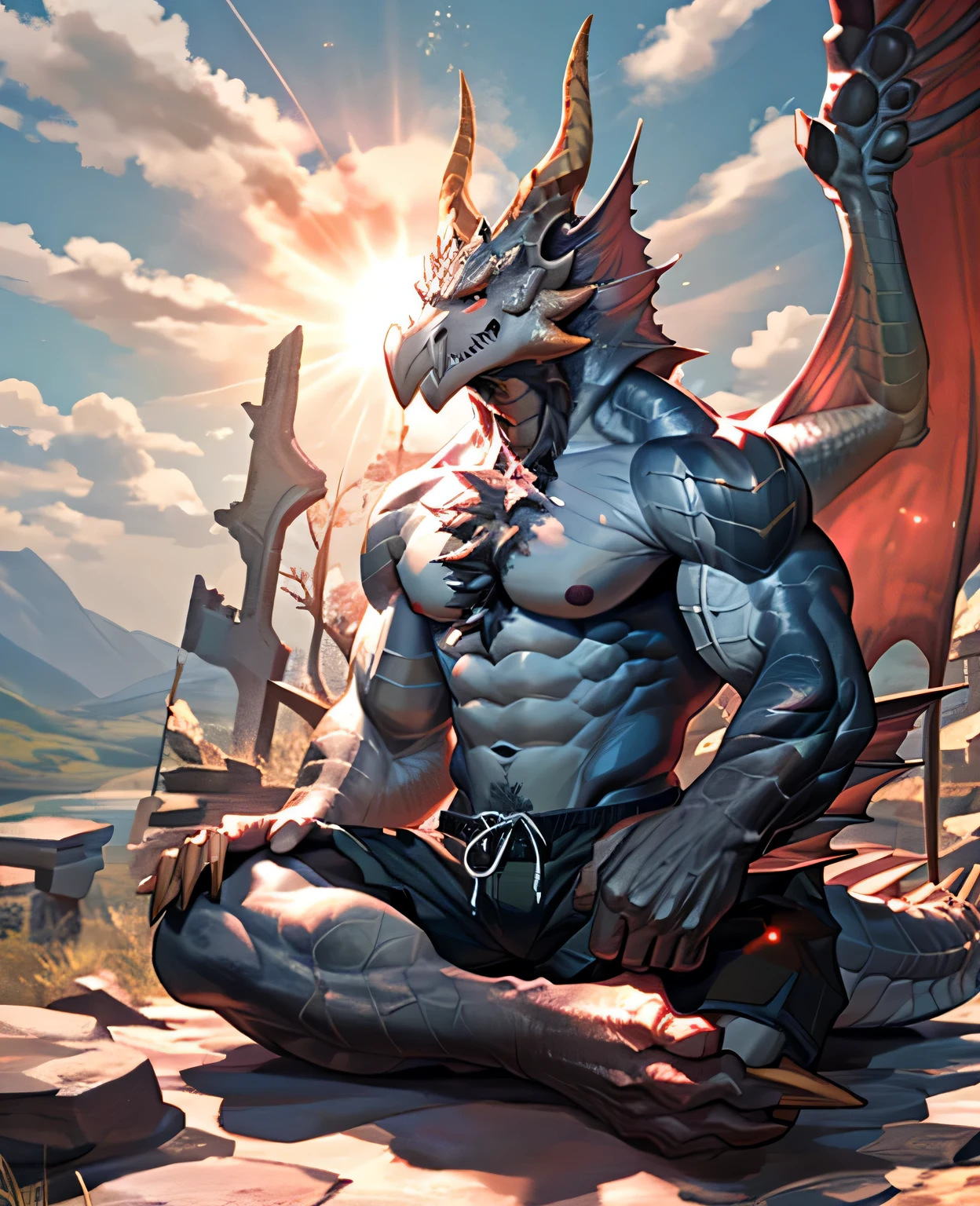 dragon,alone,paw,teeth,crawler,chest muscles, peak, Teeth Adult,alone,dragon tail,sit down,meditate,practice,exercise,4K,best quality,HD,whole body,paw,topless,looking at the audience,chest muscles, pink nipples, Six-pack abs,biceps,anatomically correct,,pride,soft shadow,majestic,Detailed face,HD eyes,sharp vision,Red eyes,eyes sparkling,magnificent,brave,,confident smile,Strong,Mature,shorts,wilderness,ruins,river,Blue sky and white clouds,The sun shines