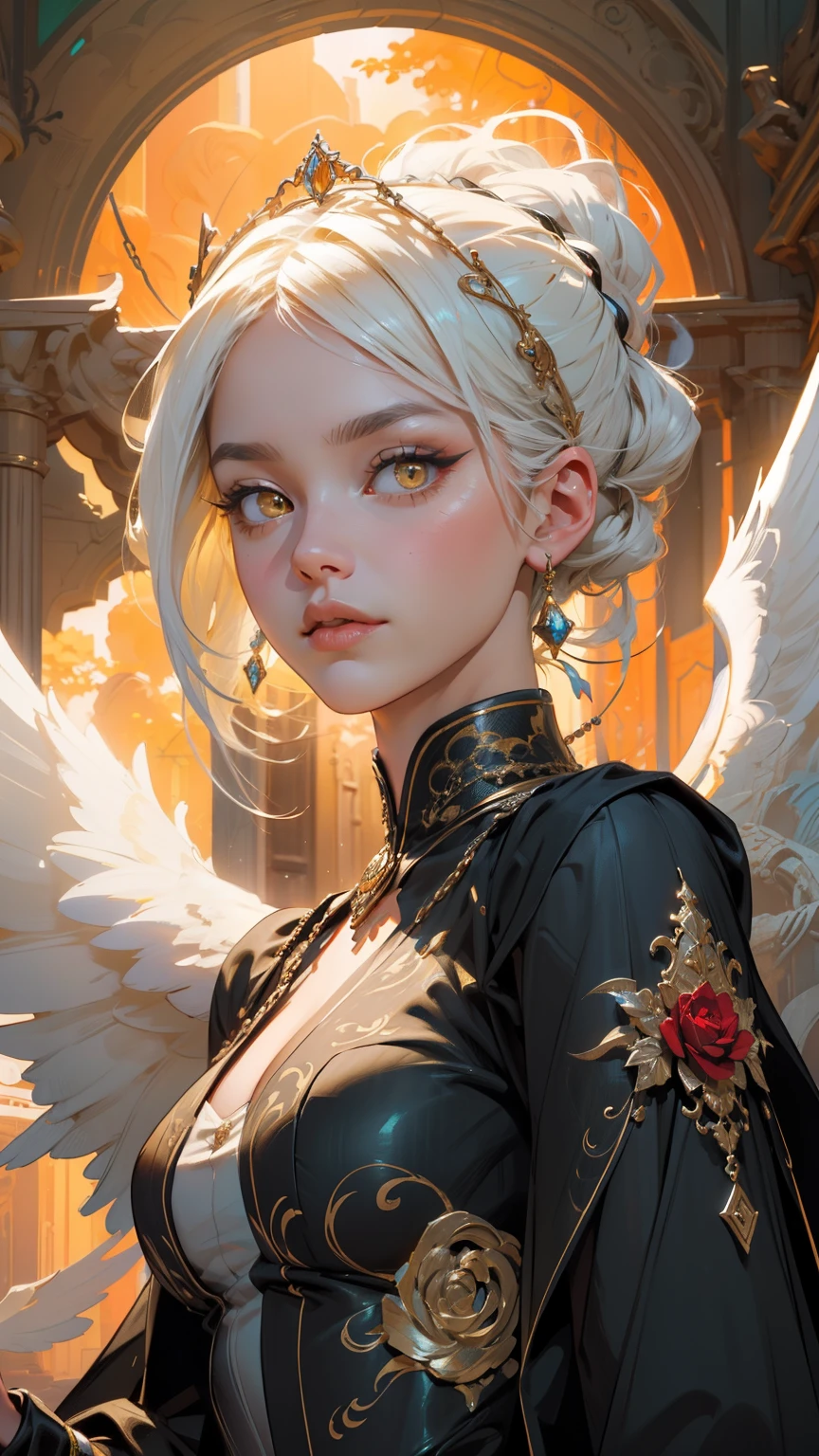 Masterpiece: Portrait of a woman in assorted attire, highest quality rendering, illustration adorned with ornate decorations. Masterfully crafted glow and ultra-detailed, featuring delicate and intricate details. Dynamic lighting with cinematic quality backlights, showcasing bioluminescent hair and glowing eyes. Absolutely eye-catching with prehistoric elements and colorful paint splashes in the background. Captivating with dynamic angles and captivating makeup. Ambient light with ray-traced reflections and best illumination. A cinematic masterpiece with big dreamy eyes, perfect proportions, and an albedo white hair adorned with chains. Intense daytime setting with a golden sky, enthralling illustration with angels, yellow eyes, red roses, and splashes of color. Smooth soft skin under a golden hour atmosphere in a park field. Breath-taking ambient light from the sky and soft warm glow from chains. Symmetrical and conceptually rich with digital painting techniques and realistic reflections.