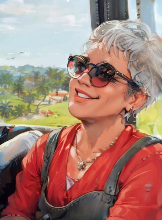 mulher estilo desenho, Cartoon,with sunglasses smiling while riding an air balloon, imagem de perfil, por Max Dauthendey, powder Nándor Katona, on a scenic background, com cabelos brancos curtos e cortados, inspirado em Ruth Deckard, farida malik, profile picture with headshot, colinas ao fundo, em formato Pixar e desenho animado 