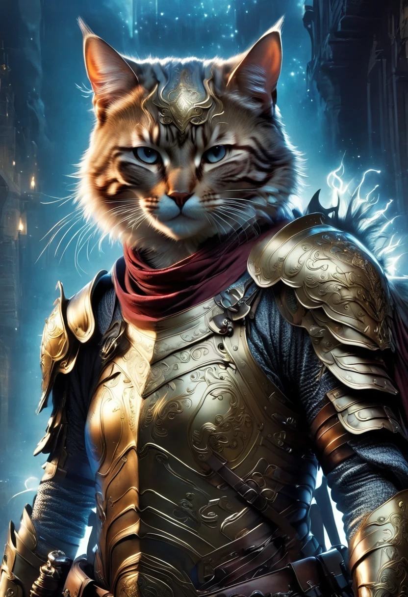Anthropomorphic Cat,A cat knight in armor,holding a weapon,wearing a helmet