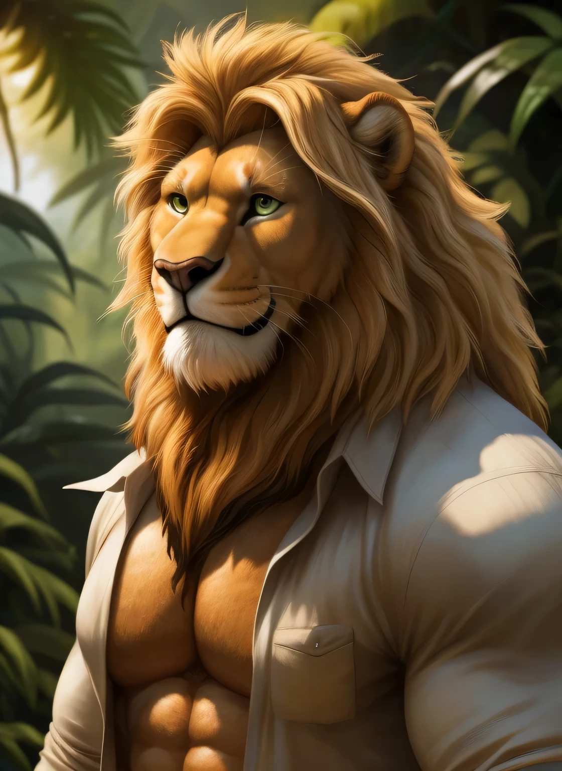 Lion, male, long blond mane, brown beard all over the jaw, muscular body, large pectorals, biceps, green eyes, adventurer, tight-fitting adventurer clothes, open shirt, smiling face, jungle, illustration, ultra-detailed, realistic, vivid colors, bokeh, portraiture, warm and earthy tones, dramatic lighting.