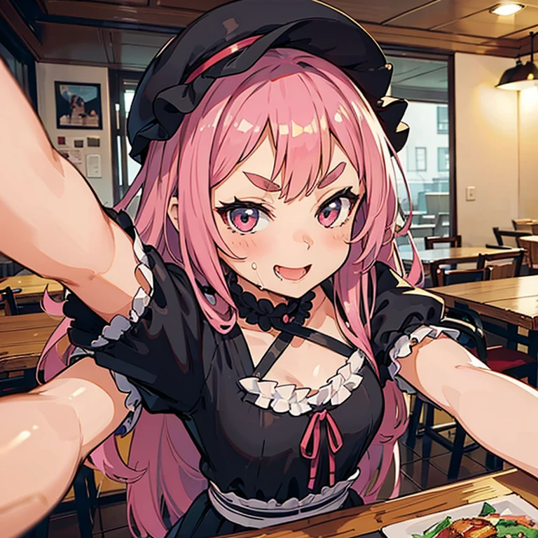 Girl with pink hair, long double-tailed hairstyle, ((small pink bushy eyebrows)), wearing lolita clothing, , lolicon (Zankuro) drawing style by zankuro artist, Zancro style, image uploaded to R34, flirty smile, take a selfie, close-up, showing one breast outside the shirt, face very close to the camera, moan and drool) happy face wavy smile , showing pubis, in restaurant