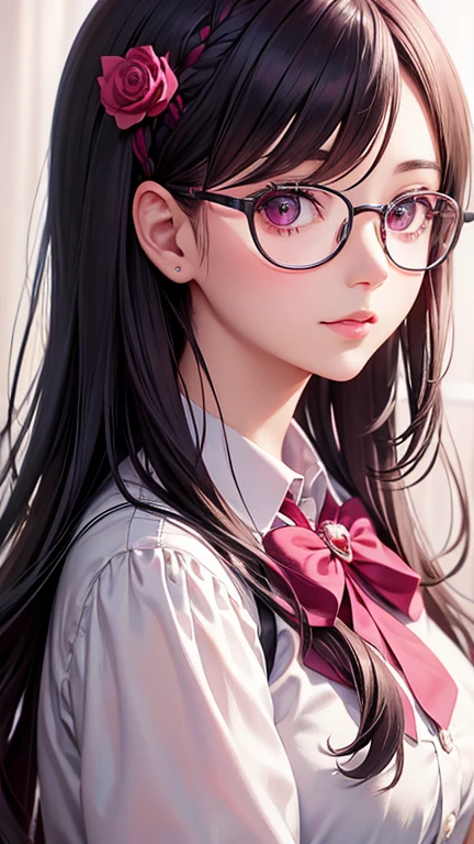 Close-up of a woman with rosa hair wearing glasses, obra de arte en estilo retrato realista kawaii, inspirado en Seihiko-kun, glowing rosa face, rosa girl, hermoso retrato animado, rosa glasses, glowing rosa eye