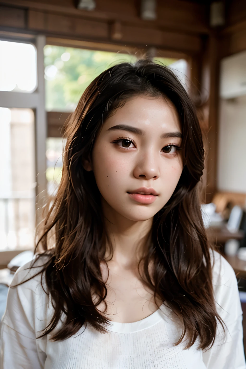 a close up of a woman with long hair wearing a white shirt, 1 8 yo, 18 years old, 19-year-old girl, xintong chen, korean girl, xision wu, heonhwa choe, 2 2 years old, 21 years old, ulzzang, wenfei ye, young cute wan asian face, lips