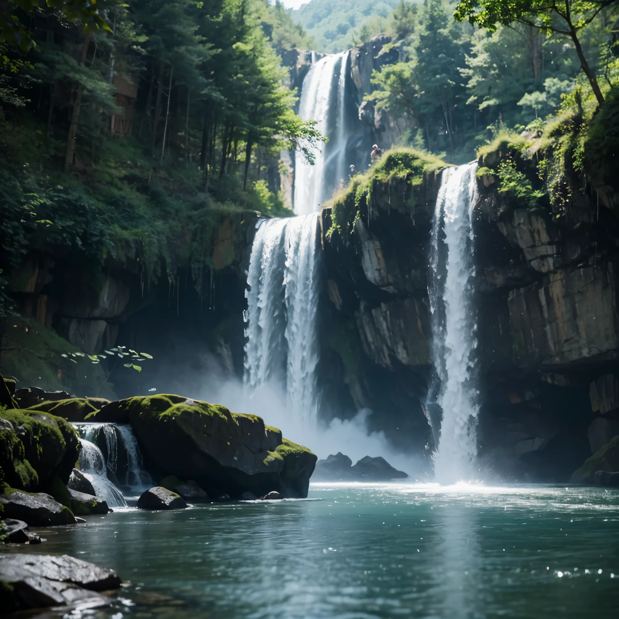 The main subject of the picture is Lushan Waterfall，The water flows like practice，Flying down，The characteristics are the majestic momentum of the waterfall and the dynamic feeling of rushing down.，The art style adopts a perfect combination of realism，Elements include the cliffs on both sides of the waterfall、The swirling clouds、Mountains in the distance，Stunning visual effects，The color characteristics are mainly fresh blue-green tones，Showing the freshness and vitality of the waterfall，High definition，Presents delicate and realistic picture quality，Proper lighting treatment，Create a light and shadow effect，Master style highlights，Demonstrated professional level skills，Perfectly presents the magnificent scenery of Lushan Waterfall。