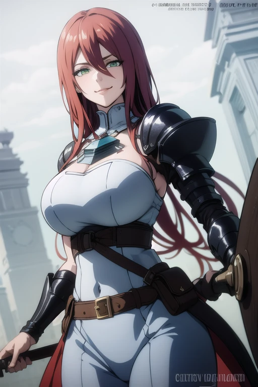 mature women,milf,large breast,beautiful face,long hair, shiny hair, green eyes,high detailed,red hair, hair over one eye,masterpiece,cowboy shot,perfect anatomy,cleveage,stand pose,HENTAI Anime, Pearl White Rubber Suit,Helmet Full Mask (Face Shield)) ((Breastplate Armor)) (Cloak with short collar) ((emblem on chest and forehead)),Gravure,evil smile,