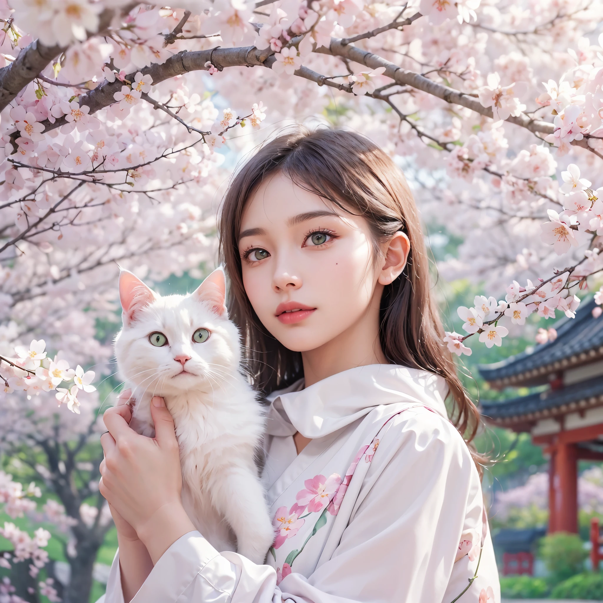 (A beautiful woman is holding a cat),(very detailed White cat),High quality,8k,(high-quality like a photograph),masterpiece:1.3,(a beautiful girl), (very elegant and futuristic fashion),Gentle smile,japanese,a stylish park,(beautiful cherry blossom background)