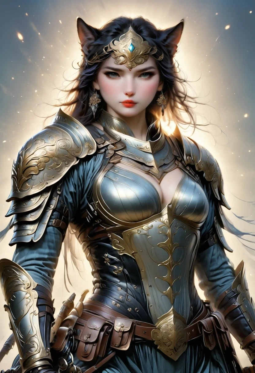 Anthropomorphic Cat,A cat knight in armor,holding a weapon,wearing a helmet