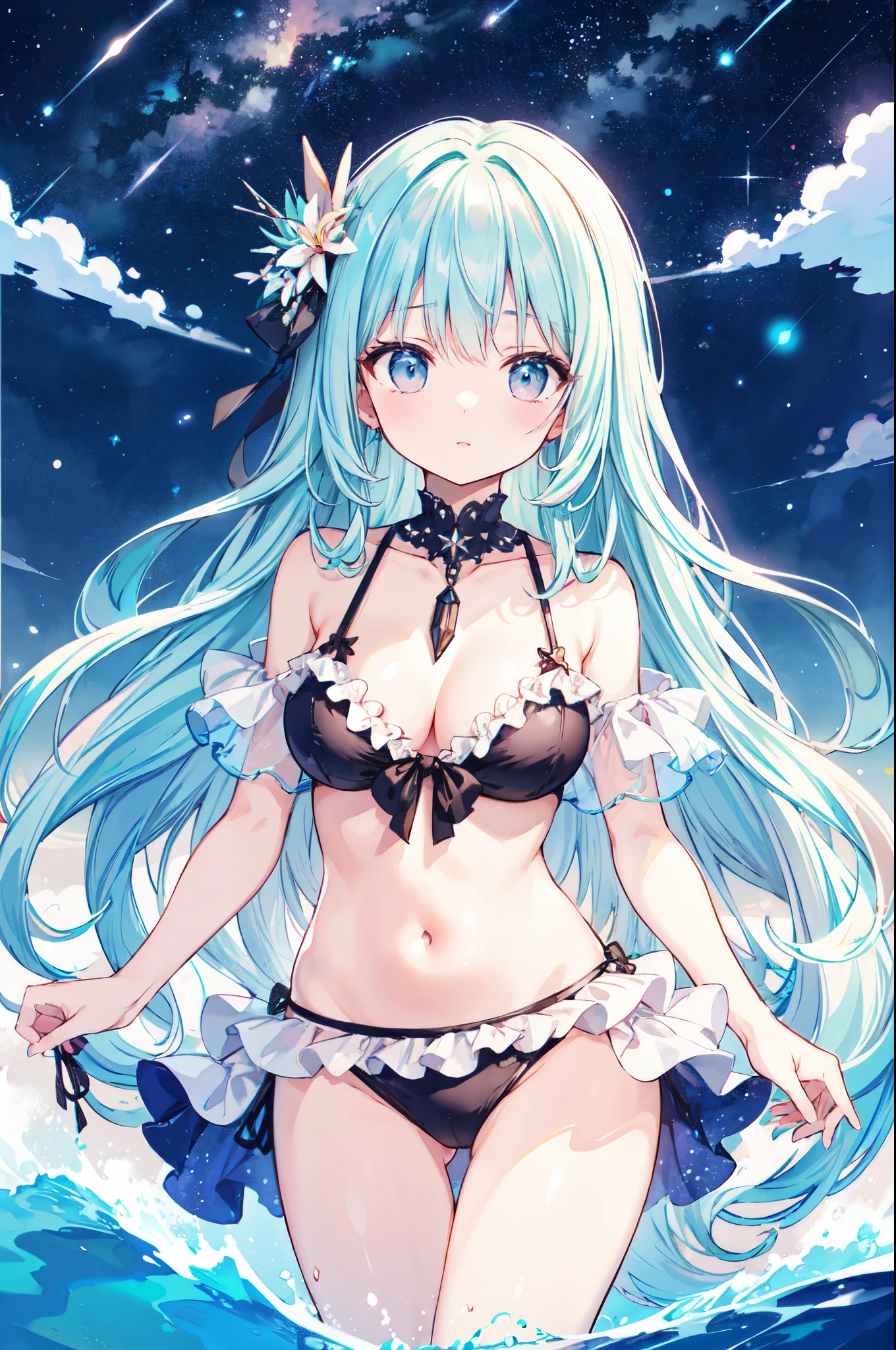 （masterpiece）、(highest quality)、((Super detailed))、(super delicate)、pastel colored hair、beautiful breasts、Eroi Bikini、Sea of night、fantastic starry sky