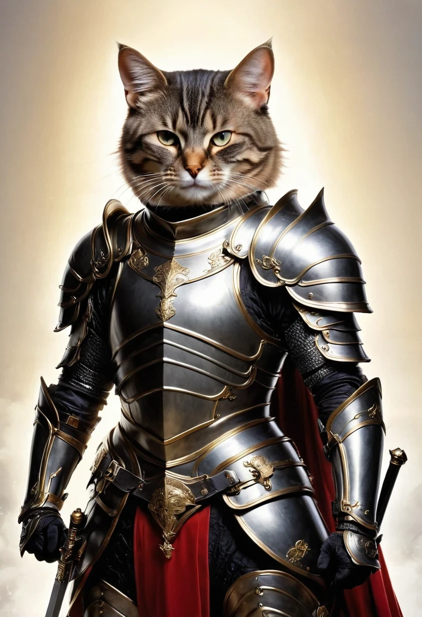 Anthropomorphic Cat,A cat knight in armor,holding a weapon,wearing a helmet