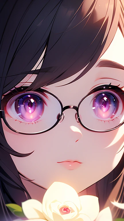 Close-up of a woman with rosa hair wearing glasses, obra de arte en estilo retrato realista kawaii, inspirado en Seihiko-kun, glowing rosa face, rosa girl, hermoso retrato animado, rosa glasses, glowing rosa eye