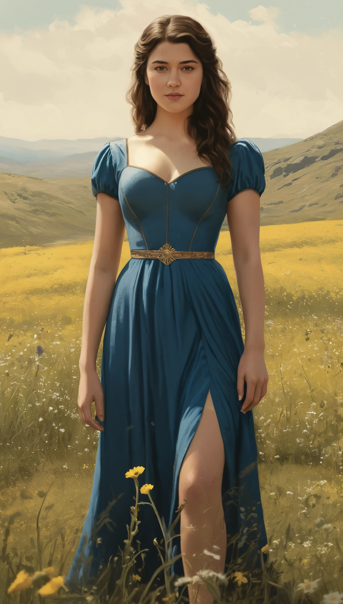 An illustrated movie poster, hand-drawn, full color, a Westerosi  girl, wearing a regal dress, resembles Mary Elizabeth Winstead, sun-tanned complexion, tall, athletic, hourglass figure, curvy, toned midriff, bottom-heavy, generous hips, massive bubble-butt, ridiculously thick powerful thighs, dark hair, long loose waves, posing in a meadow of wildflowers, hard shadows, graphite shading, stencil marks, airbrushed acrylic paint, masterpiece, in the style of Game of Thrones
