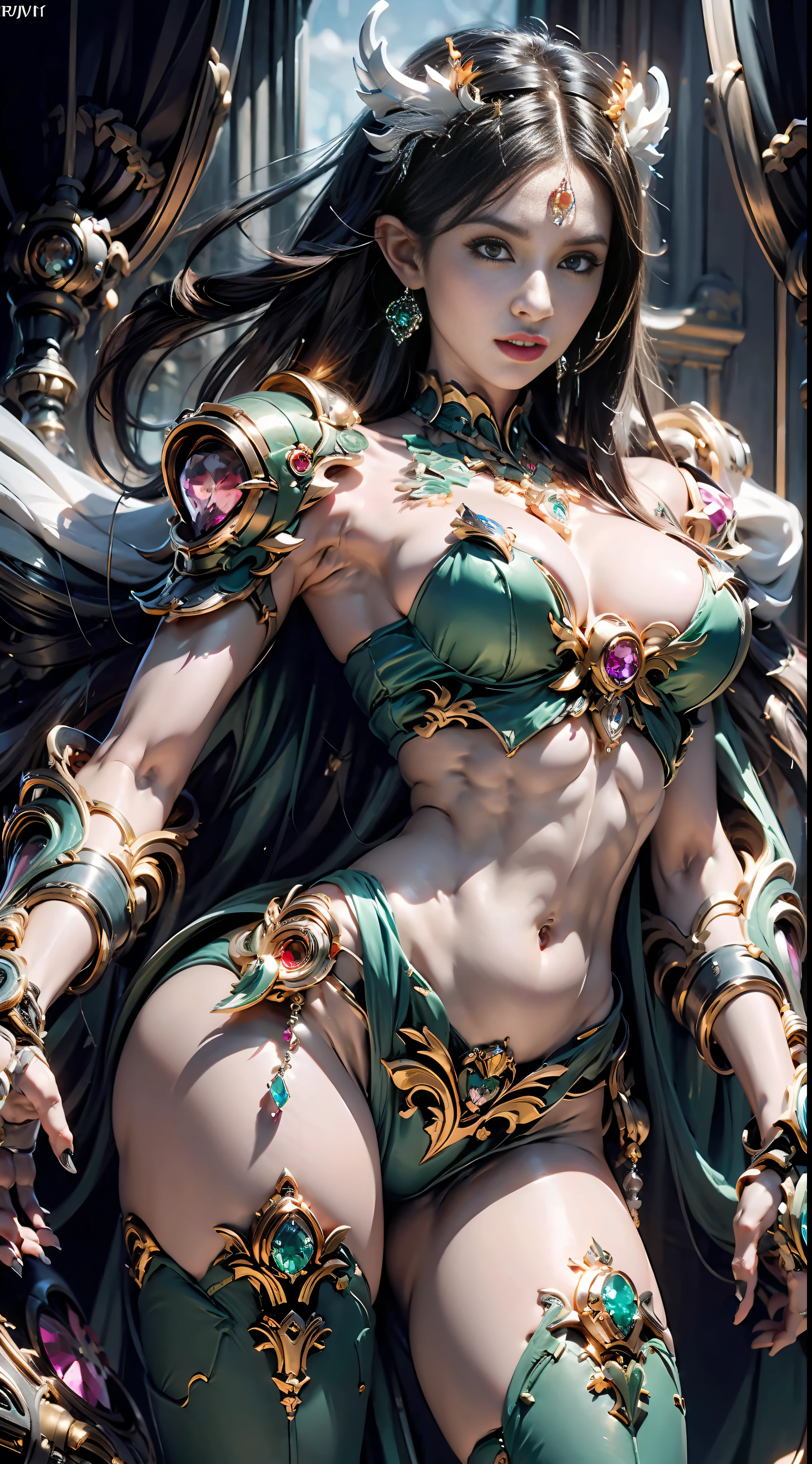 Dragon princess of the mechanical planet,Intricate detail，super complex details，(navel exposed)(Glowing gemstones:1.3),，hyper realism