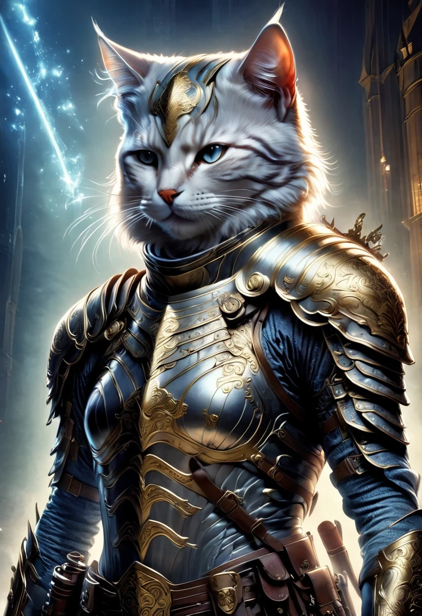 Anthropomorphic Cat,A cat knight in armor,holding a weapon,wearing a helmet