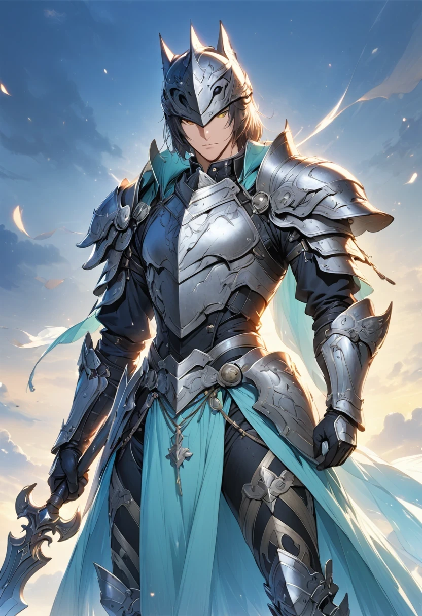 Anthropomorphic Cat,A cat knight in armor,holding a weapon,wearing a helmet