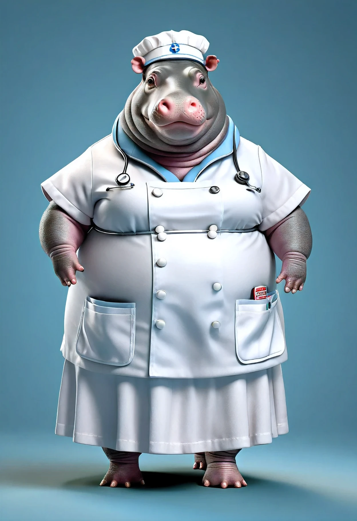 photorealistic portrait of Dressed animals - a ((fat)) hippo nurse,(folding arms:1.2),(), high quality,(lovely) ,intricate details, highly detailed ((white nurse costume)), wearing nurse cap and skirt , highly detailed medical equipment , (happy), studio lighting,(),(simple background)