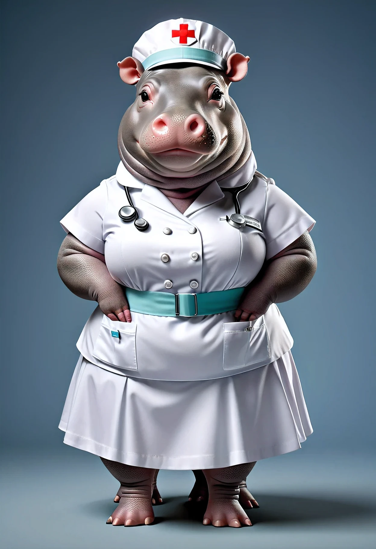 photorealistic portrait of Dressed animals - a ((fat)) hippo nurse,(folding arms:1.2),(), high quality,(lovely) ,intricate details, highly detailed ((white nurse costume)), wearing nurse cap and skirt , highly detailed medical equipment , (happy), studio lighting,(),(simple background)