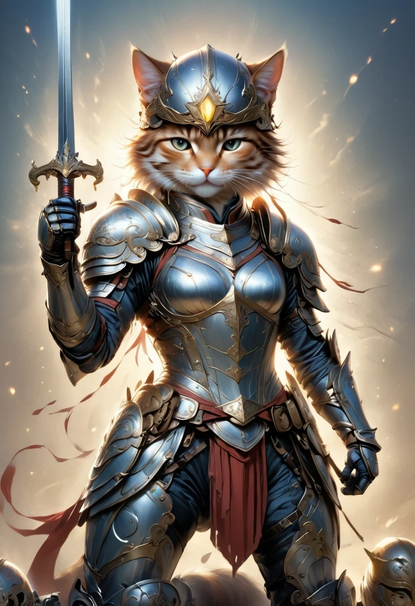 Anthropomorphic Cat,A cat knight in armor,holding a weapon,wearing a helmet