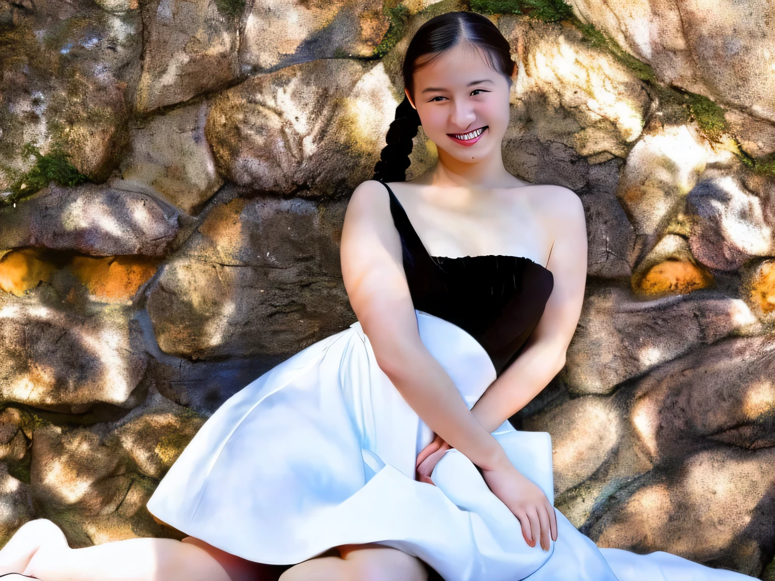 A girl in a white dress is bathing in the river, Get wet, Have fun, No makeup, Rural Scenery, sunset,