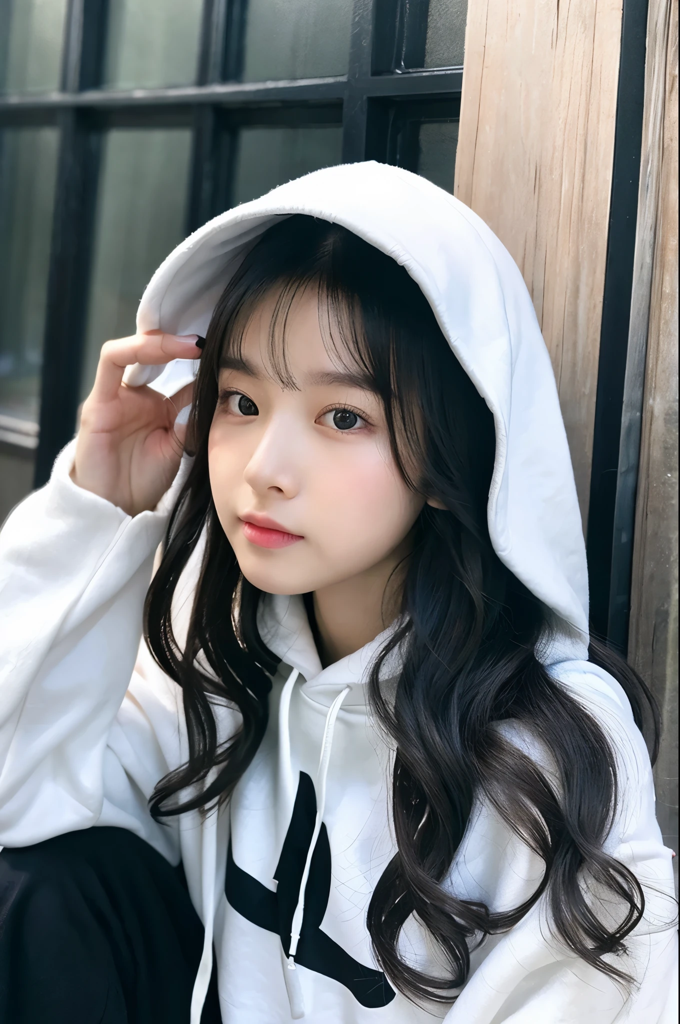 araffe girl in a white hoodie taking a picture with her phone, black haired girl wearing hoodie, girl wearing hoodie, ulzzang, wearing an oversized hoodie, wearing hoodie, with white long hair, white long straight hair, with long hair, wearing a hoodie, gray hoodie, light dark long hair. apathetic, with long dark hair, with long white hair、(Hiding his face with his smartphone)、so beautiful