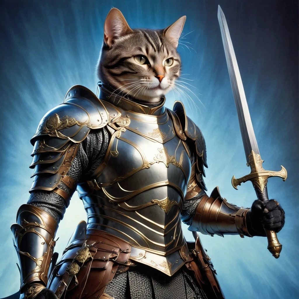 Anthropomorphic Cat,A cat knight in armor,holding a weapon,wearing a helmet