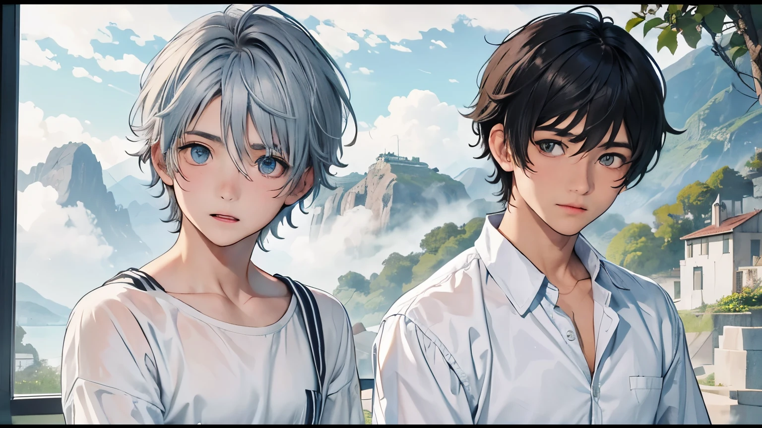 There are two s of 10 years oad. (Un joven con cabello gris plateado, Los ojos grises en el fondo parecen un pueblo, and the green mist of the mountains and the clouds come down from the beautiful adolescent sky) viste de azul es masculino con cabello color plateado ojos grises