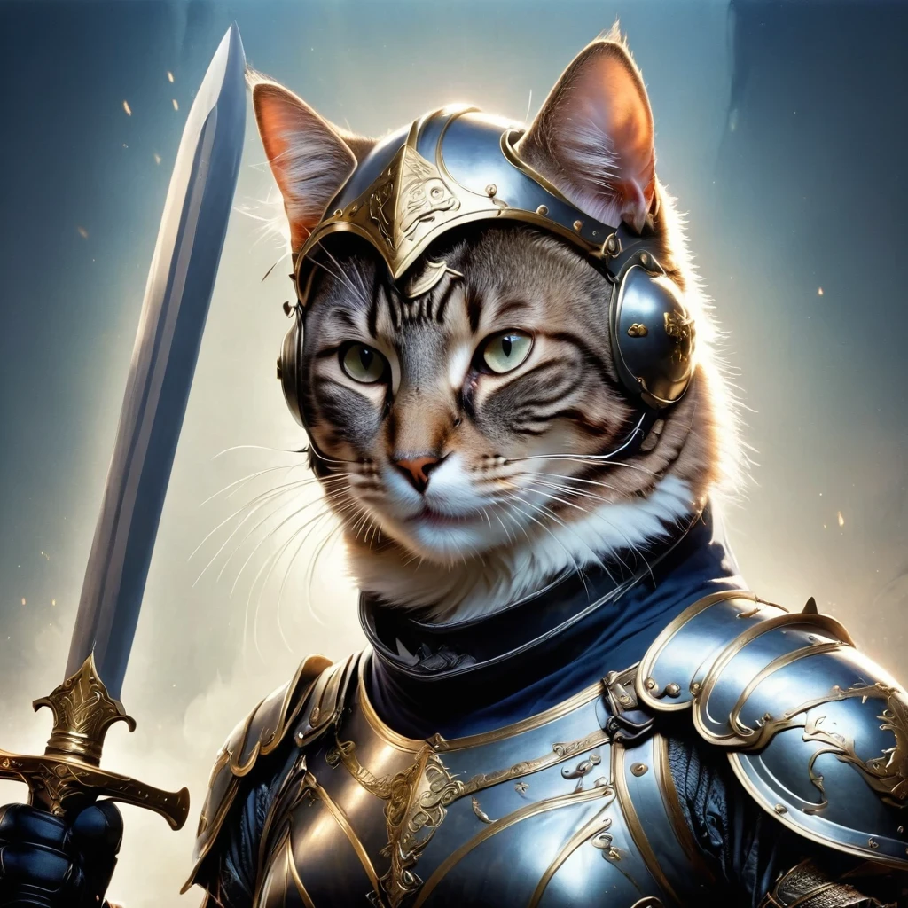 Anthropomorphic Cat,A cat knight in armor,holding a weapon,wearing a helmet