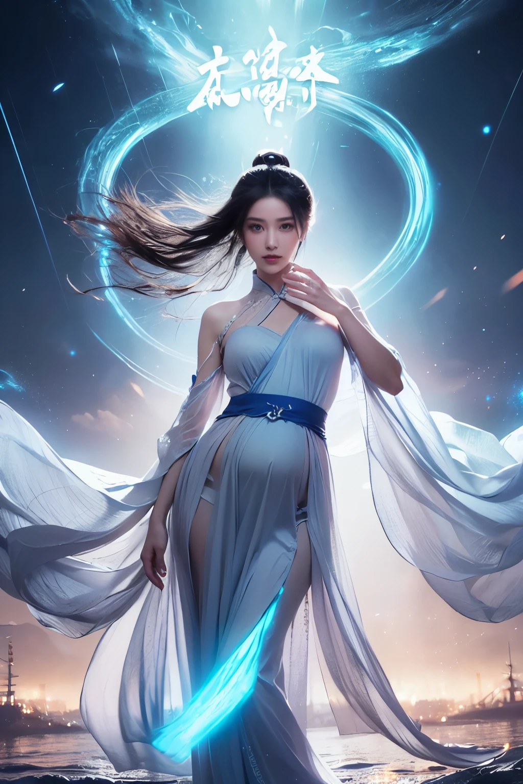 best quality, masterpiece:1.2, 8K, flowing energy, glowing hair, 1 girl,elegant, long black hair, Floating Energy Scroll, pink eyes, dynamic poses (With Chinese（Express), hanfu:1.2, Luminous text, Transparent text, Energy particles, Energy Liquid, dawn, blue energy, light particle effect，Pregnant