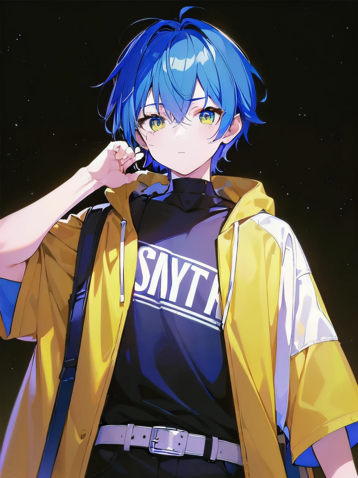 [(BLACK BACKGROUND:1.5),::5], ((((masterpiece)))), high quality, very_high_resolution, large_filesize, full color, ((younger boy)), 13 old year, short deepblue hair, vivid color, yellow eye, civilian clothes white, (galaxy), anime, 