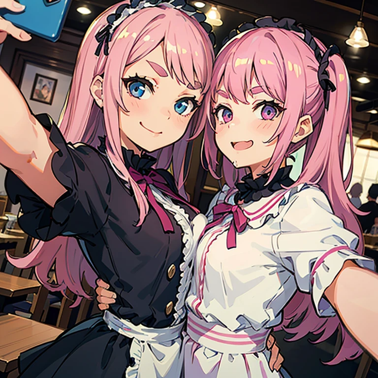 Girl with pink hair, long double-tailed hairstyle, ((small pink bushy eyebrows)), wearing lolita clothing, , lolicon (Zankuro) drawing style by zankuro artist, Zancro style, image uploaded to R34, flirty smile, take a selfie, close-up, showing one breast outside the shirt, face very close to the camera, moan and drool) happy face wavy smile ,  take a selfie from below, close-up, (( showing pubes )), in restaurant