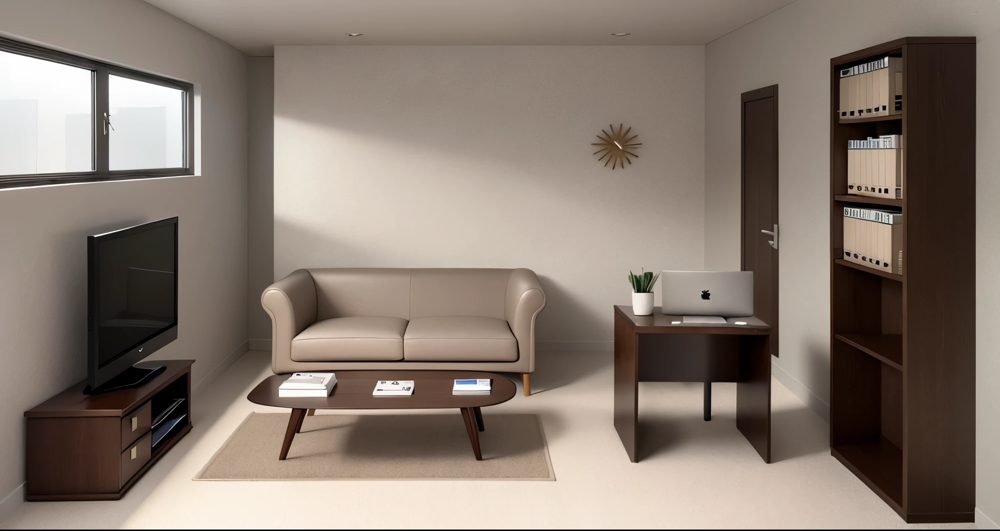 Dark beige grey carpet、((One small window))、Many lights hanging from the ceiling、Warm and bright Western-style room、chic、Brown and White、Laptop on a wooden desk、bookshelf、tv set、Doctor's Office、Medical office、3D illustration style、Hospital medical department、
